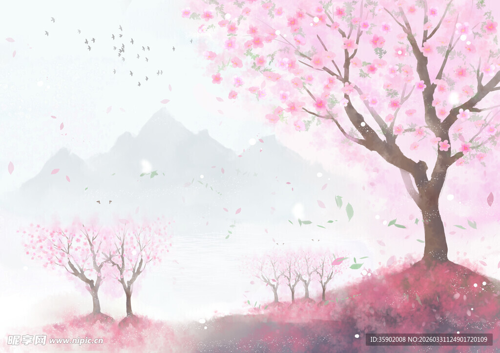 梦幻粉色樱花山林景观