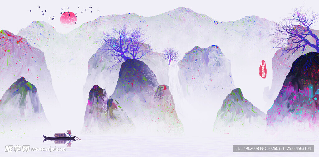 水墨山水间的孤舟意境