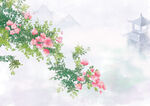 水墨风花枝与亭阁美景