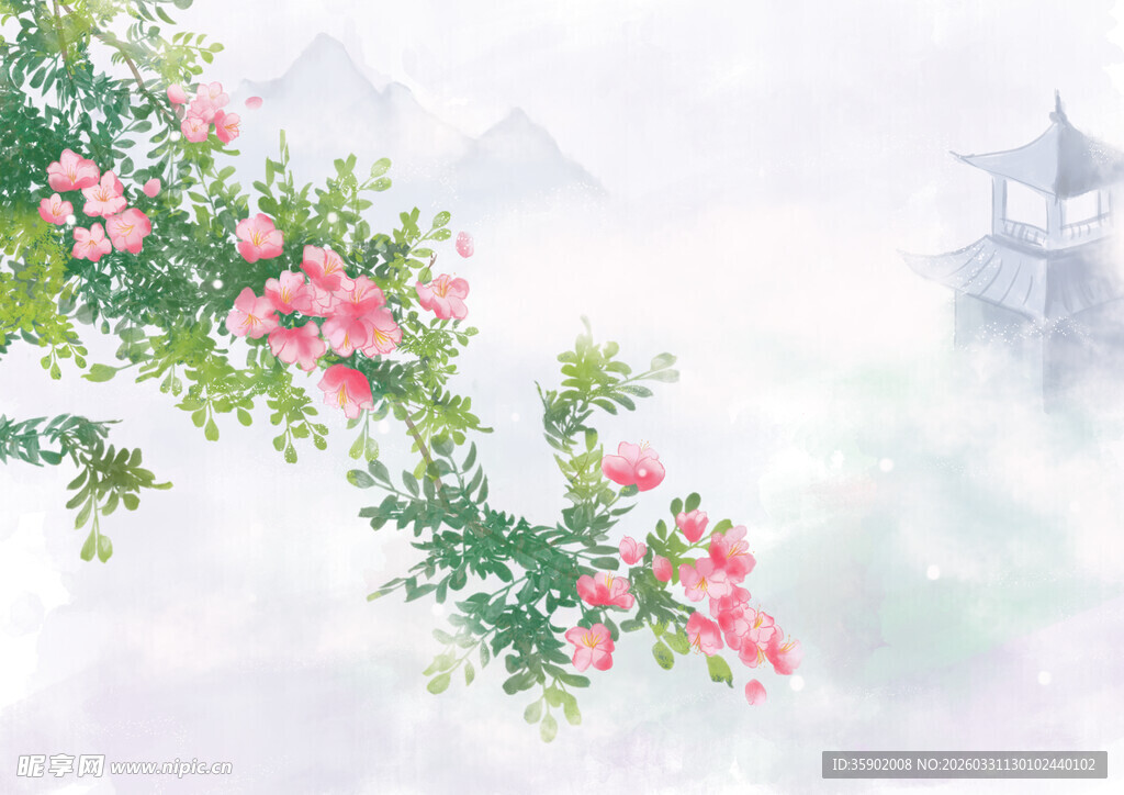 水墨风花枝与亭阁美景