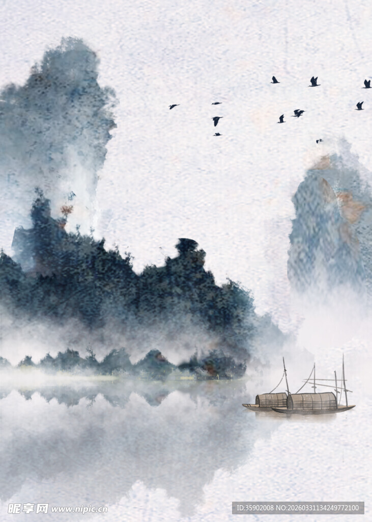 水墨山水间的孤舟意境