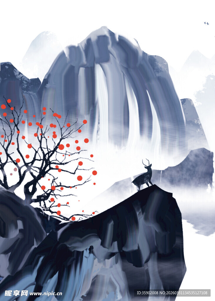 水墨山水间的孤树飞鸟