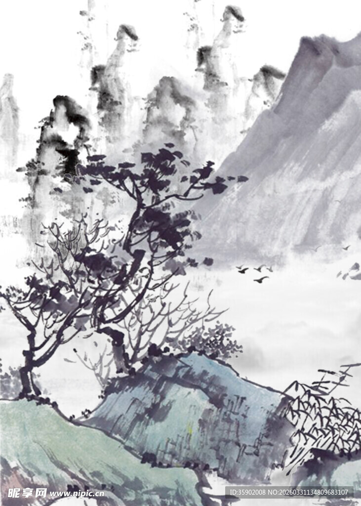 水墨山水间的孤树奇景