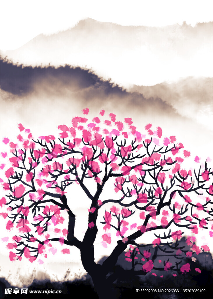水墨粉樱图