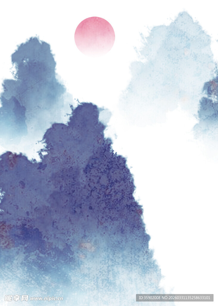 水墨山水间的红日初升