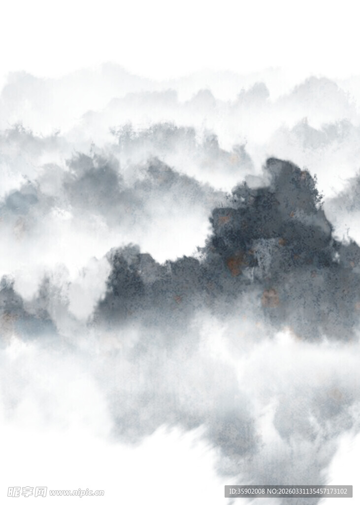 水墨薄雾缭绕的山峦景色