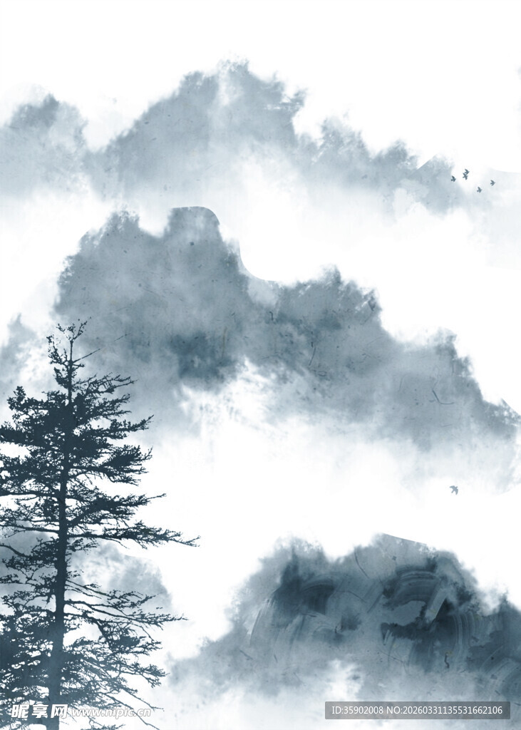 水墨山水间的孤松