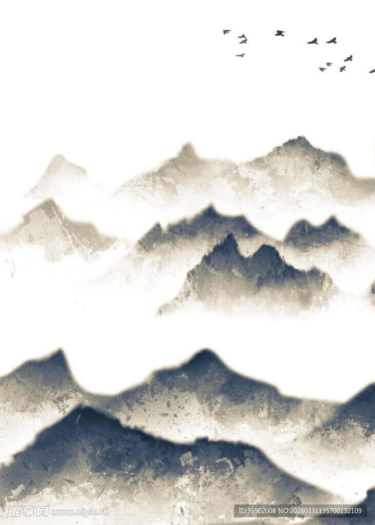 水墨群山飞鸟意境图