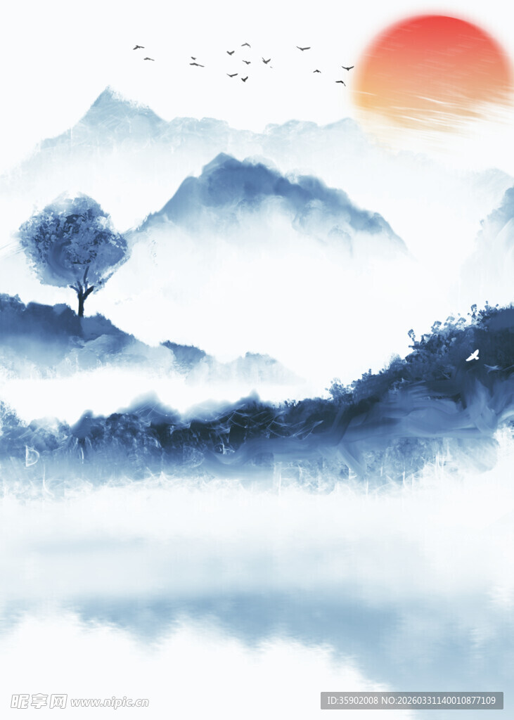 水墨山水间的日出美景