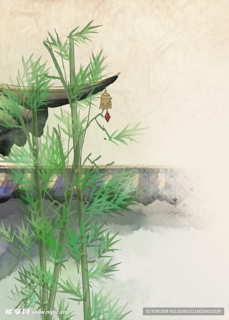 水墨风竹子与飞鸟景致