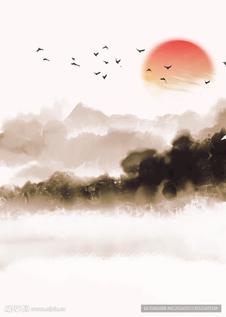 水墨夕阳飞鸟山水图
