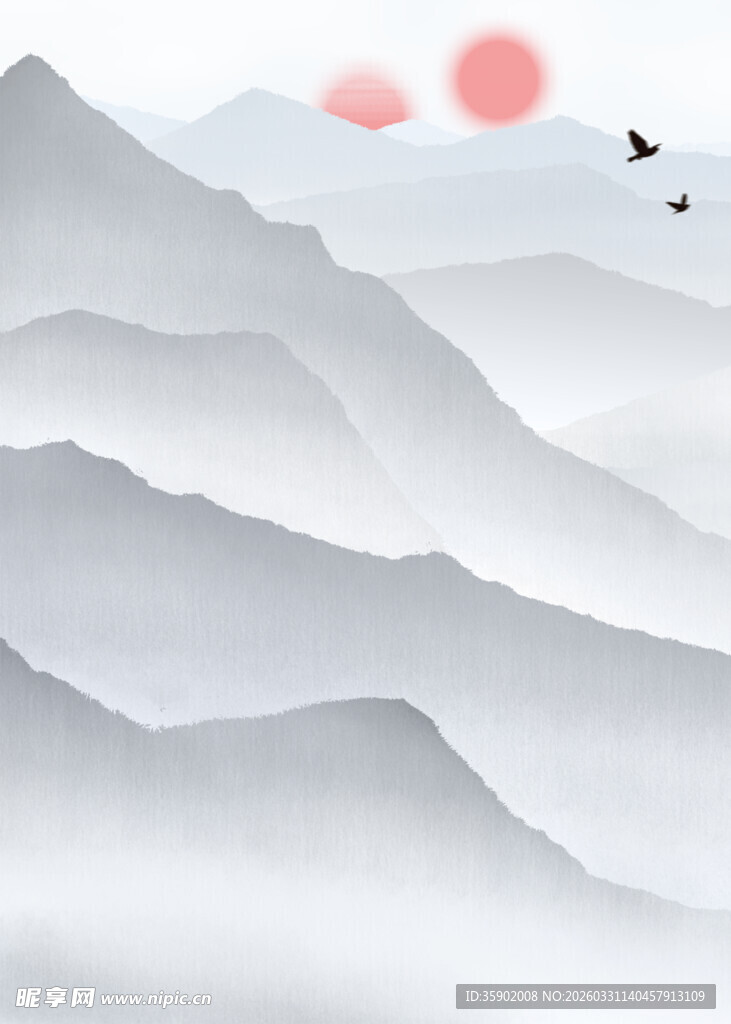 水墨群山间的红日飞鸟
