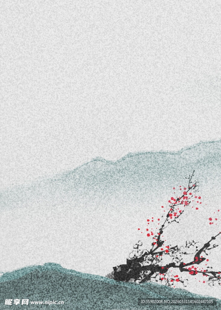 水墨红梅映远山