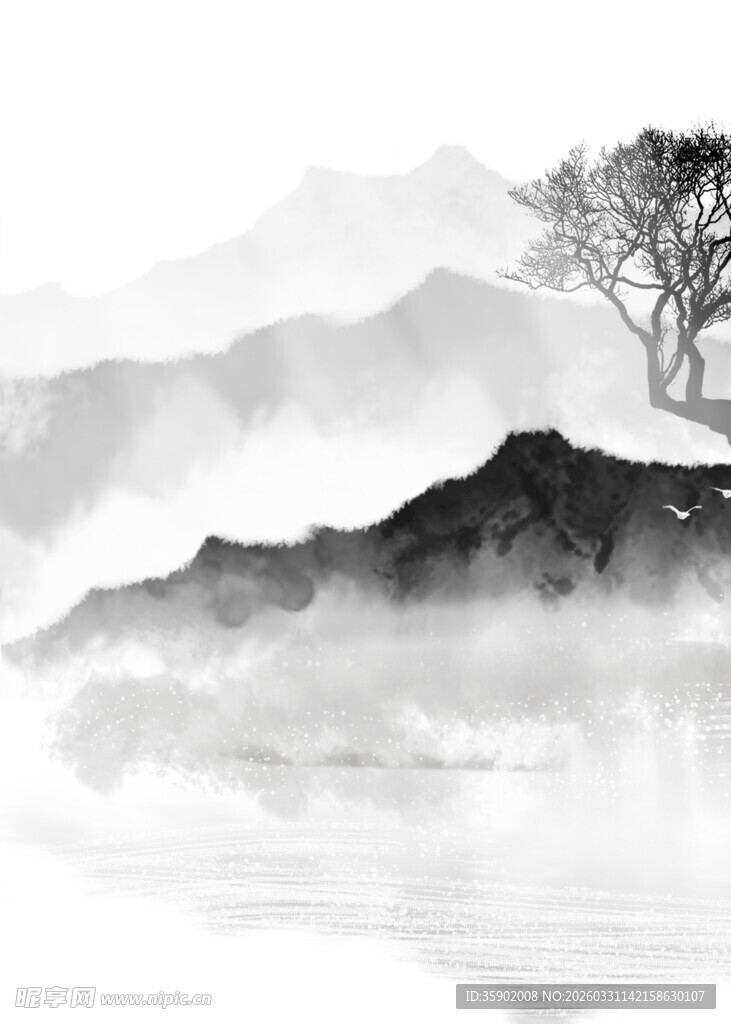 水墨山水间的孤树景致
