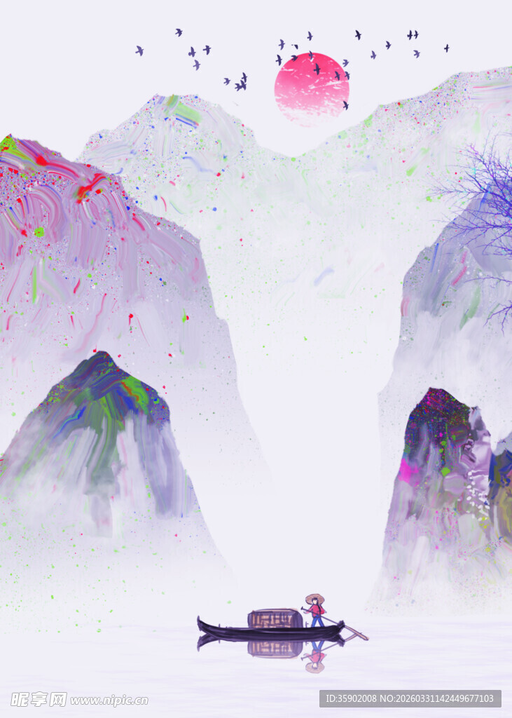 水墨山水间的孤舟意境