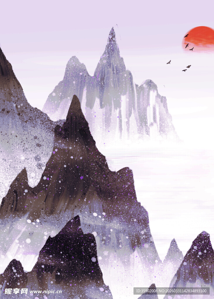 水墨山水间的落日美景