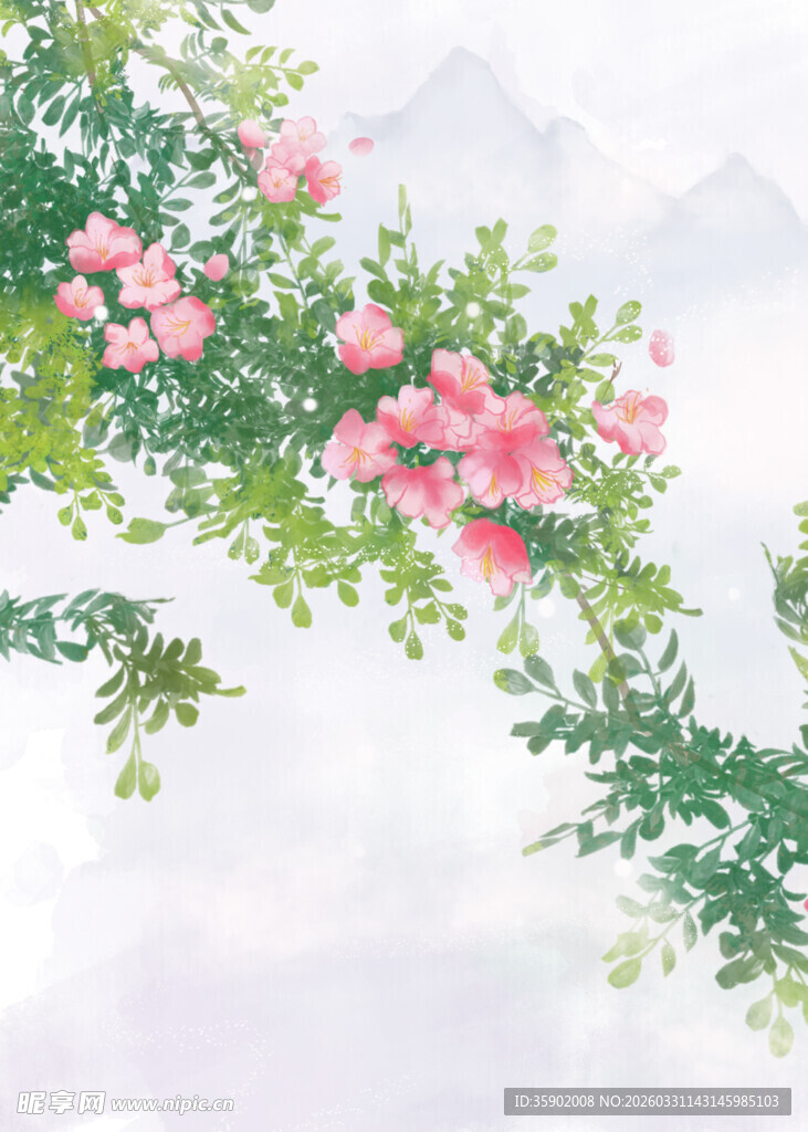 粉色蔷薇枝蔓云雾背景图