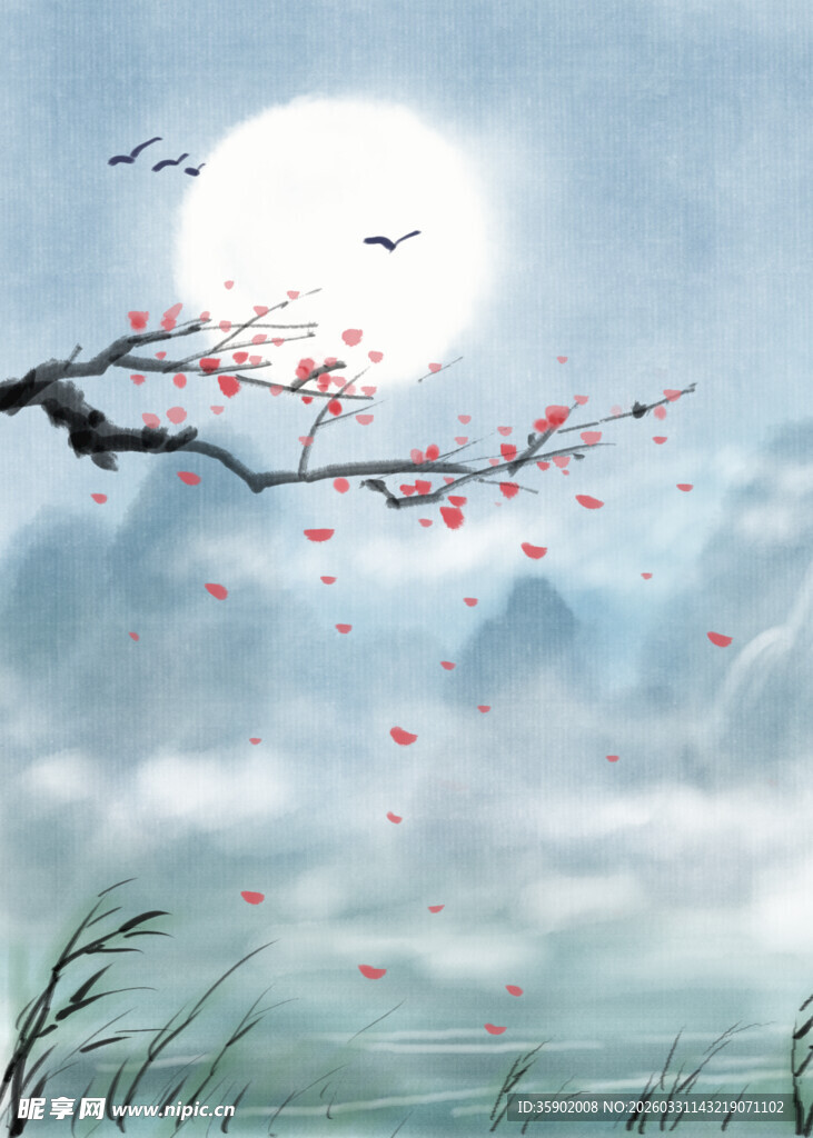 月夜红梅飘诗意山水景