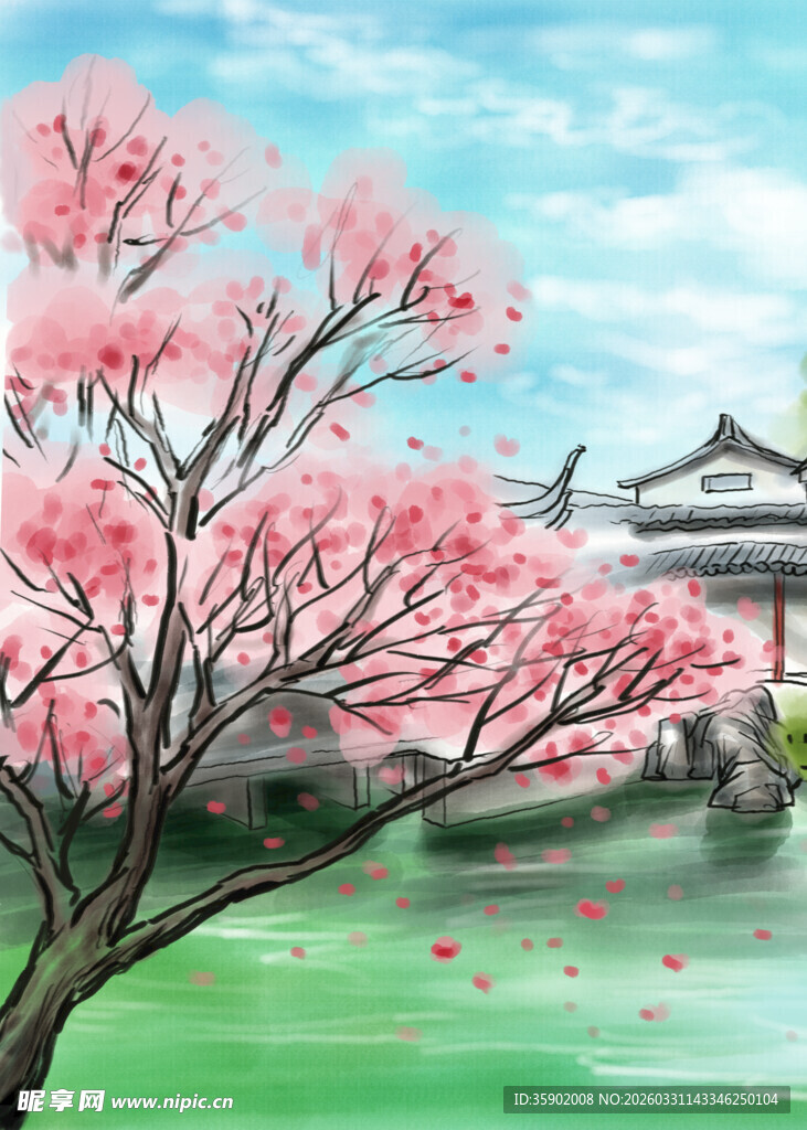 春日樱花下的古典建筑