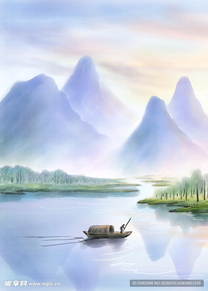 江上孤舟山水诗意画卷