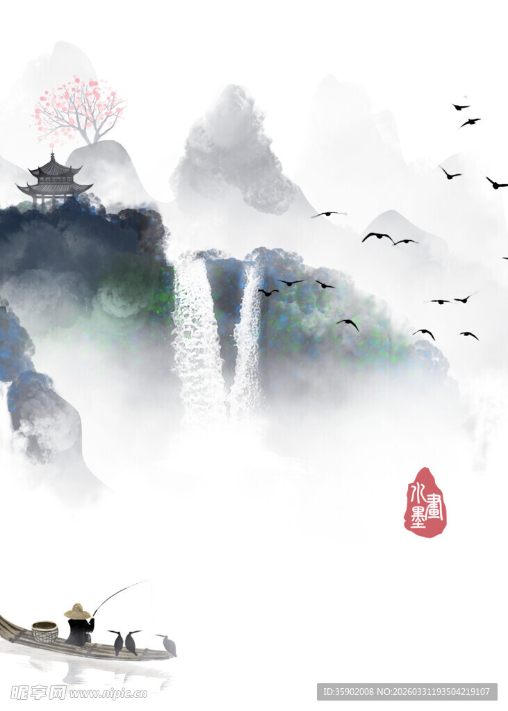 水墨山水间的孤舟诗意