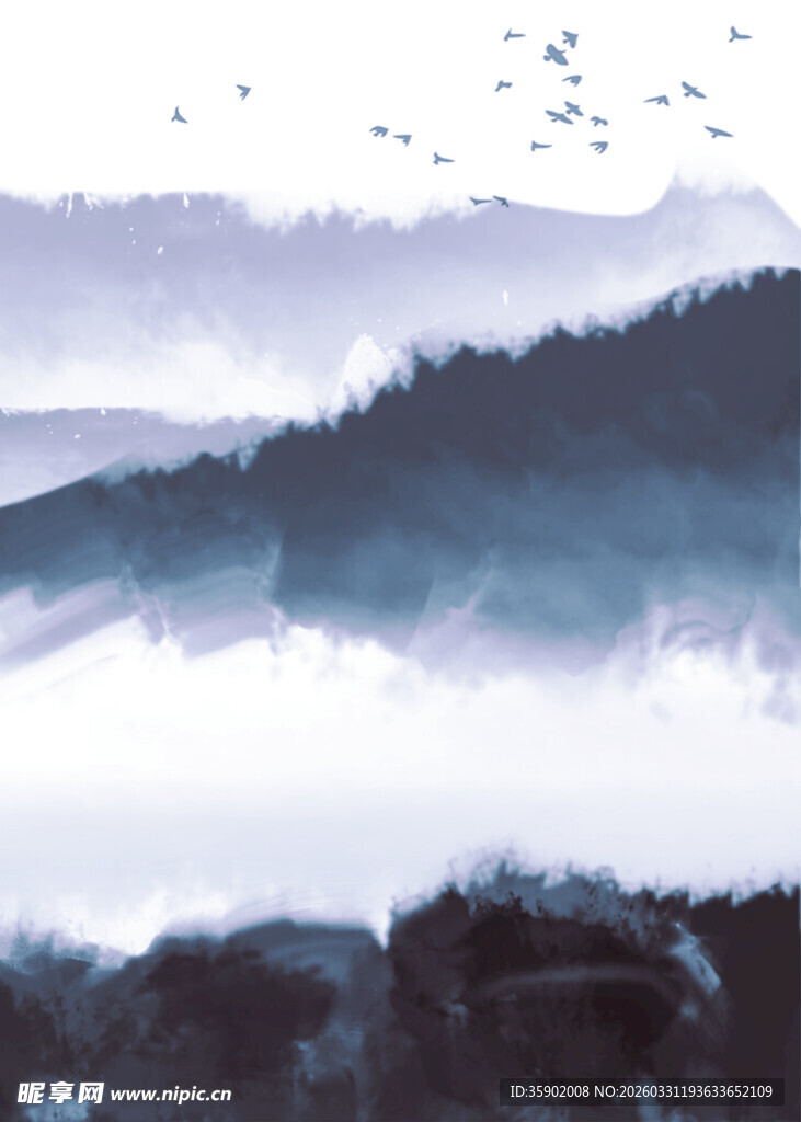 水墨山水间飞鸟翱翔