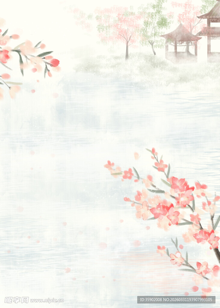 水墨风烂漫桃花风景图