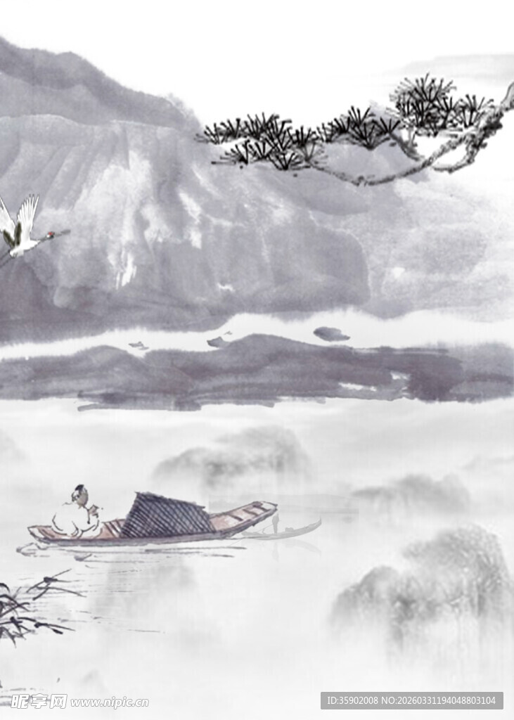 水墨山水间的孤舟意境