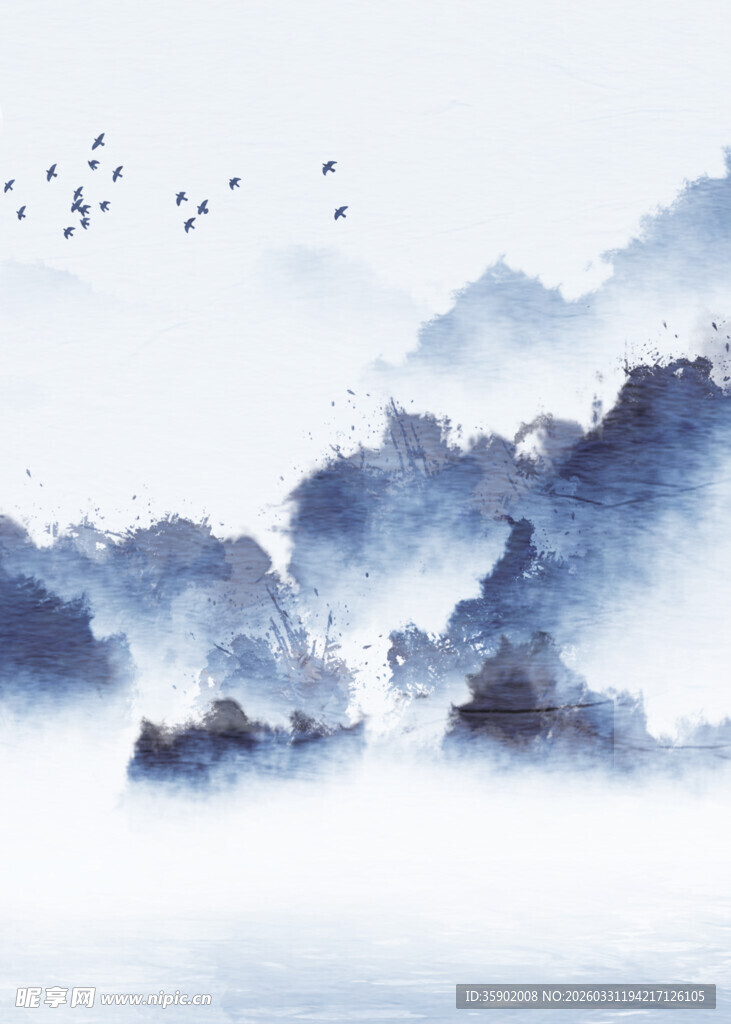 水墨山水间的飞鸟与孤舟