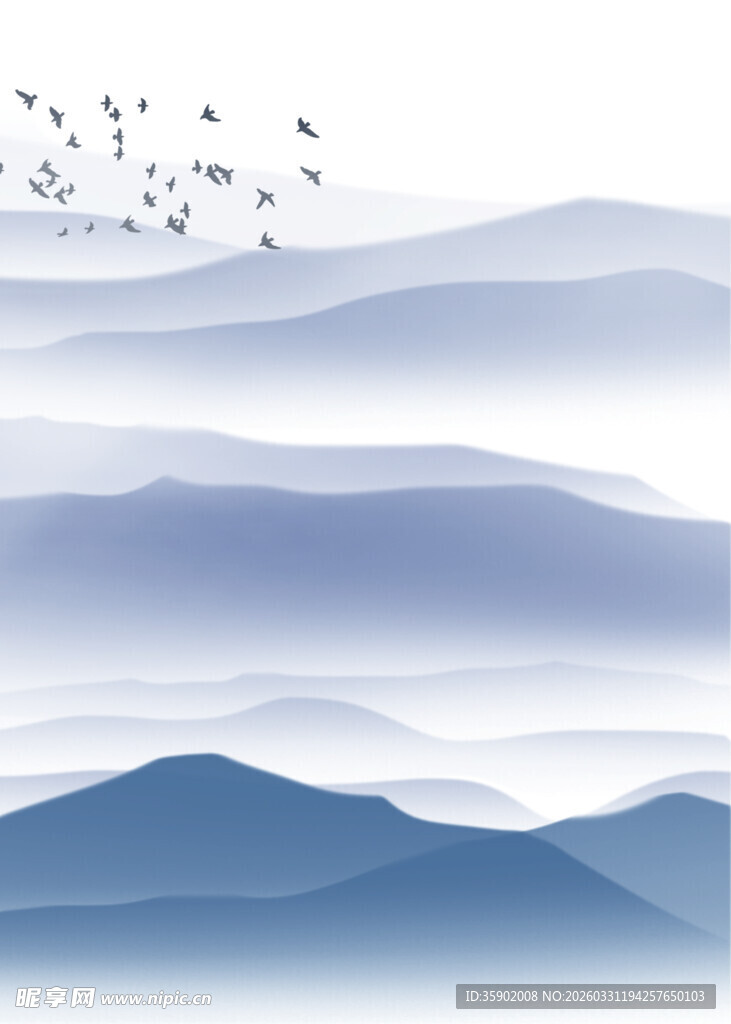水墨群山飞鸟意境图