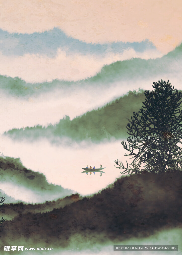 水墨山水间的孤舟与树