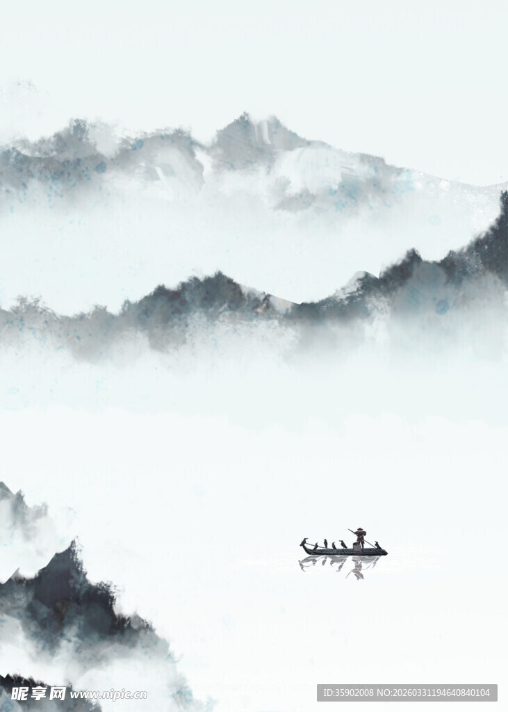 水墨山水间的孤舟