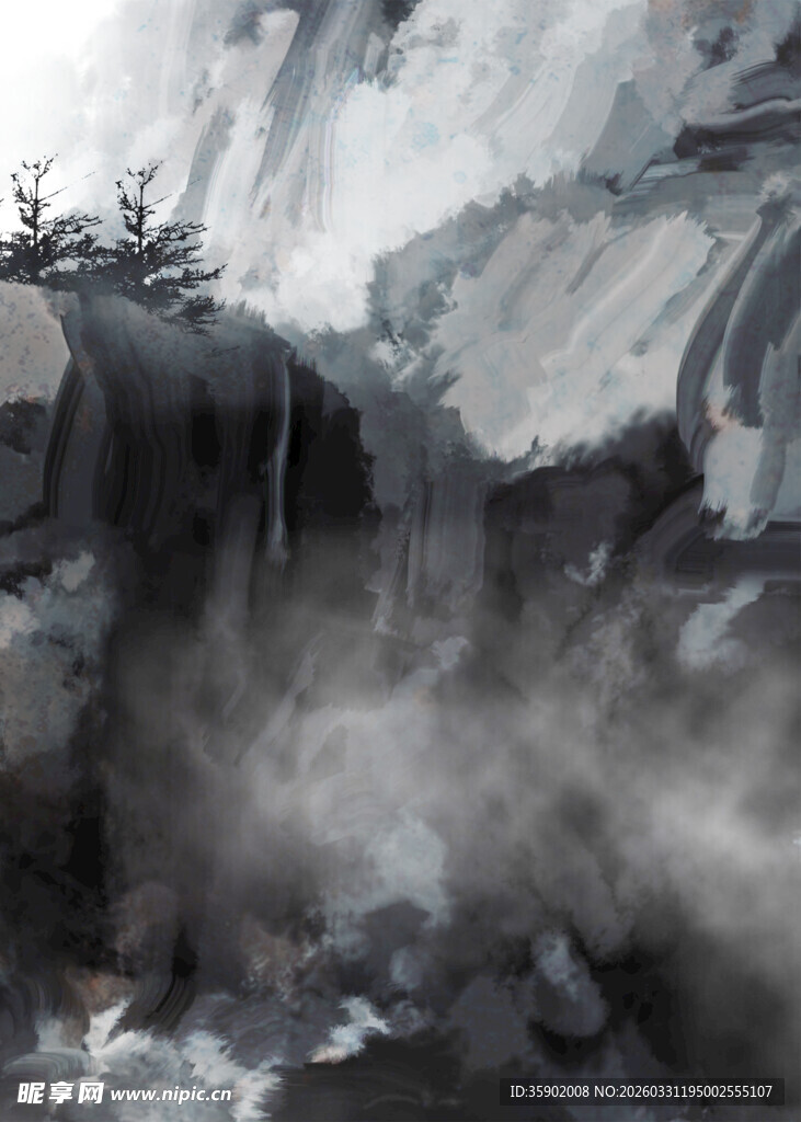 水墨风山间瀑布景观