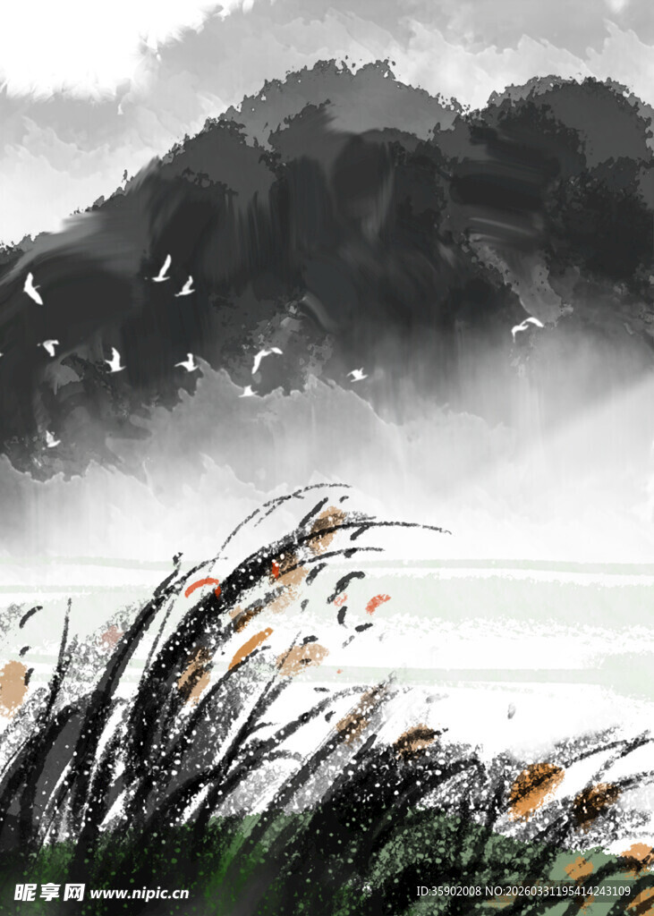 水墨山水间的芦苇飞鸟景