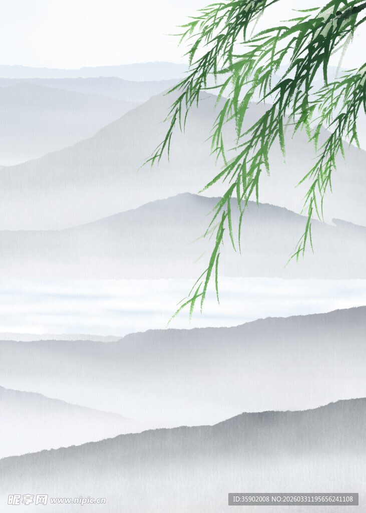 水墨山水间的柳梢垂落