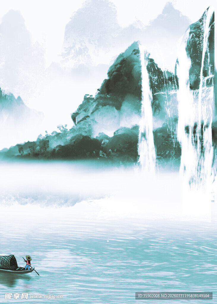 水墨山水间孤舟行