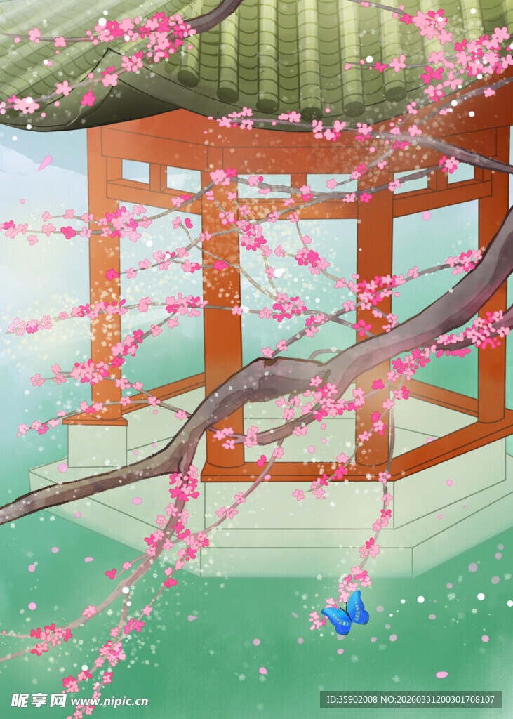 日式亭阁樱花烂漫之景