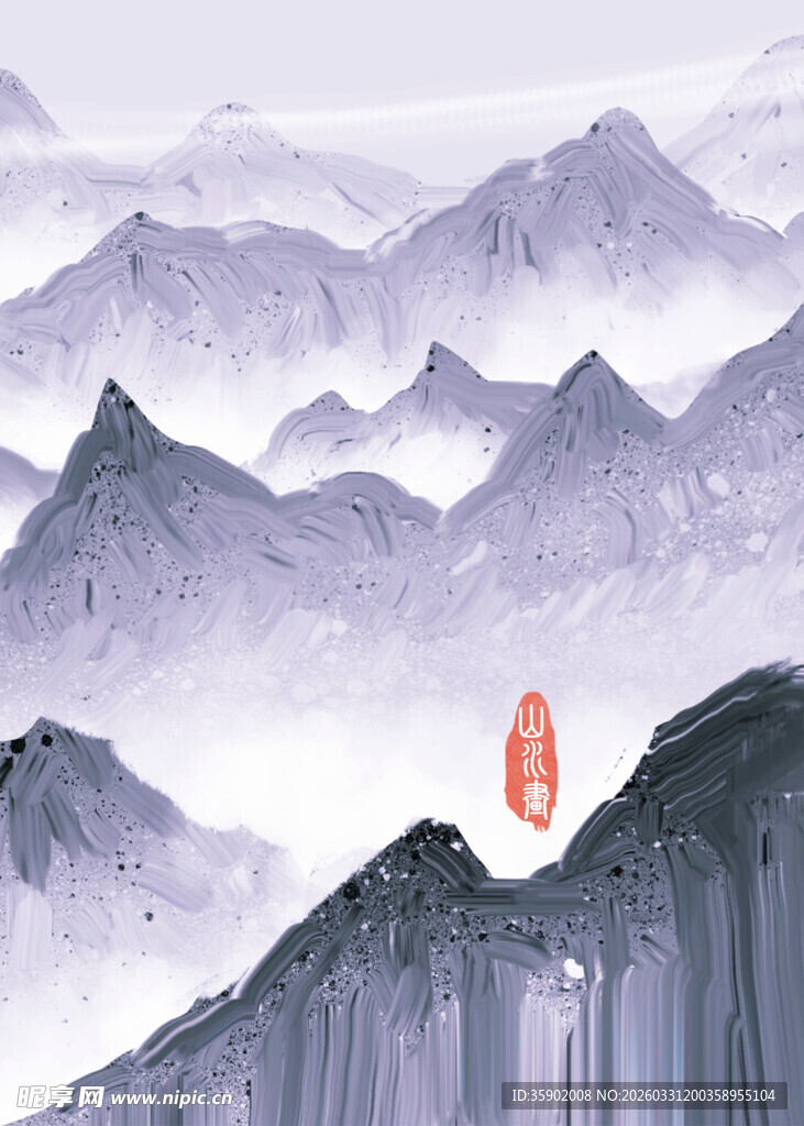 水墨群山间的一抹红