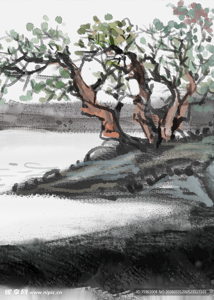 水墨古树图