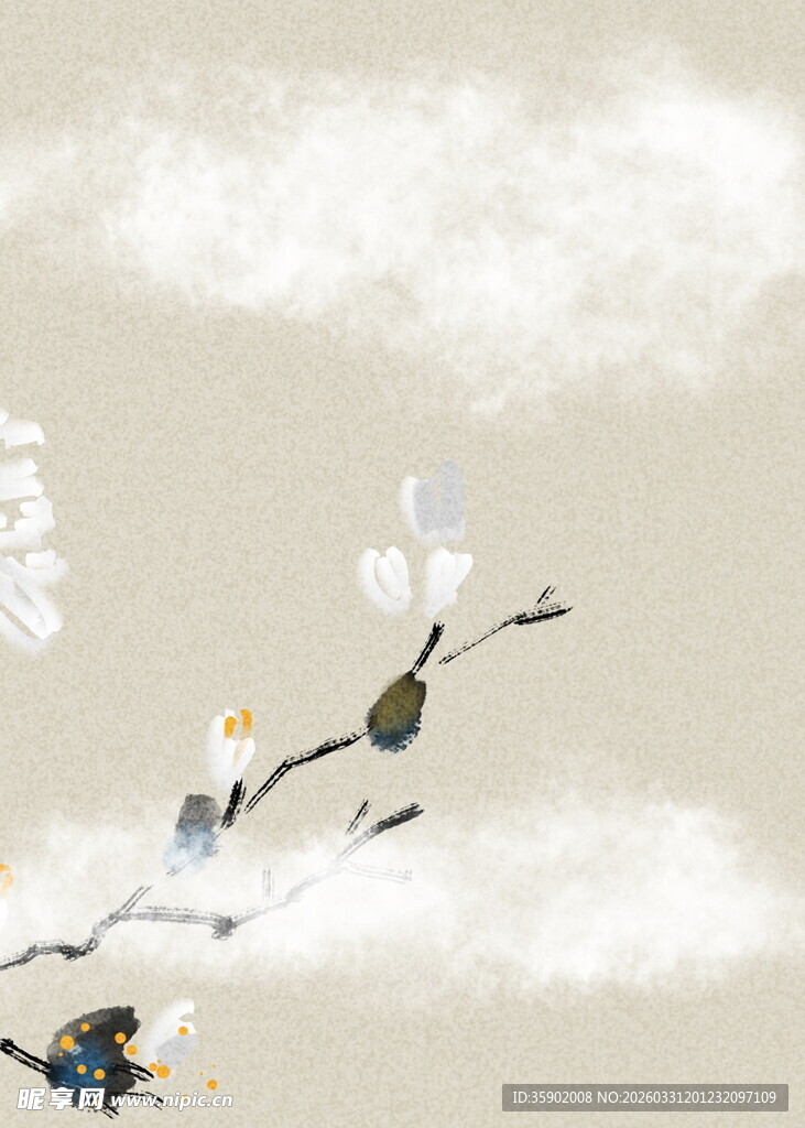 中式水墨风玉兰花鸟图