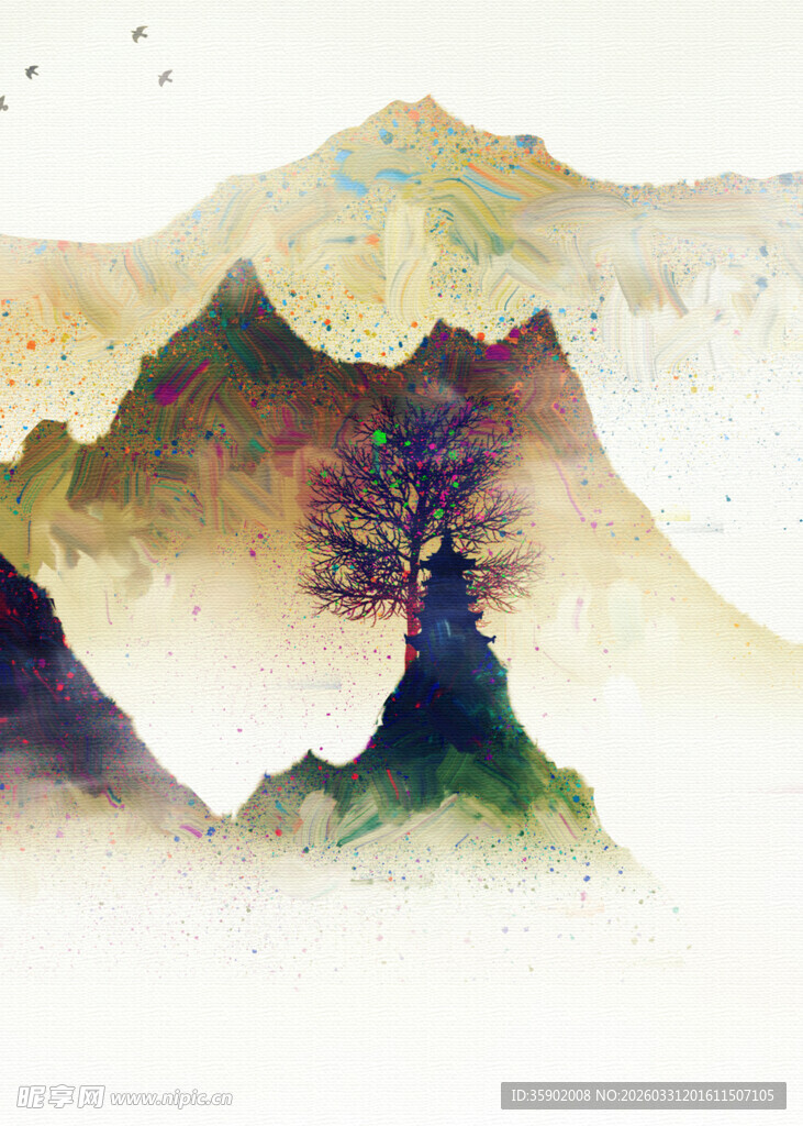 水墨孤树映远山