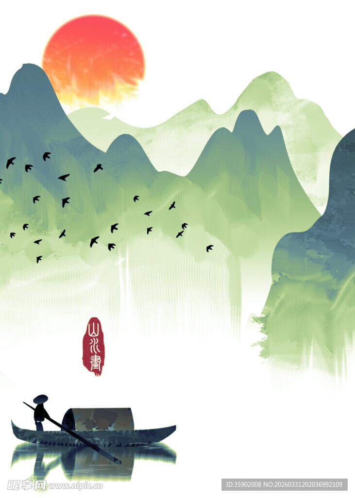 夕阳下的江上扁舟美景