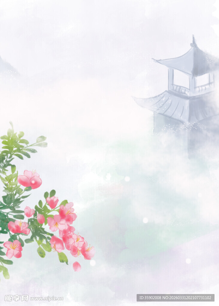 水墨花卉与亭台朦胧景致