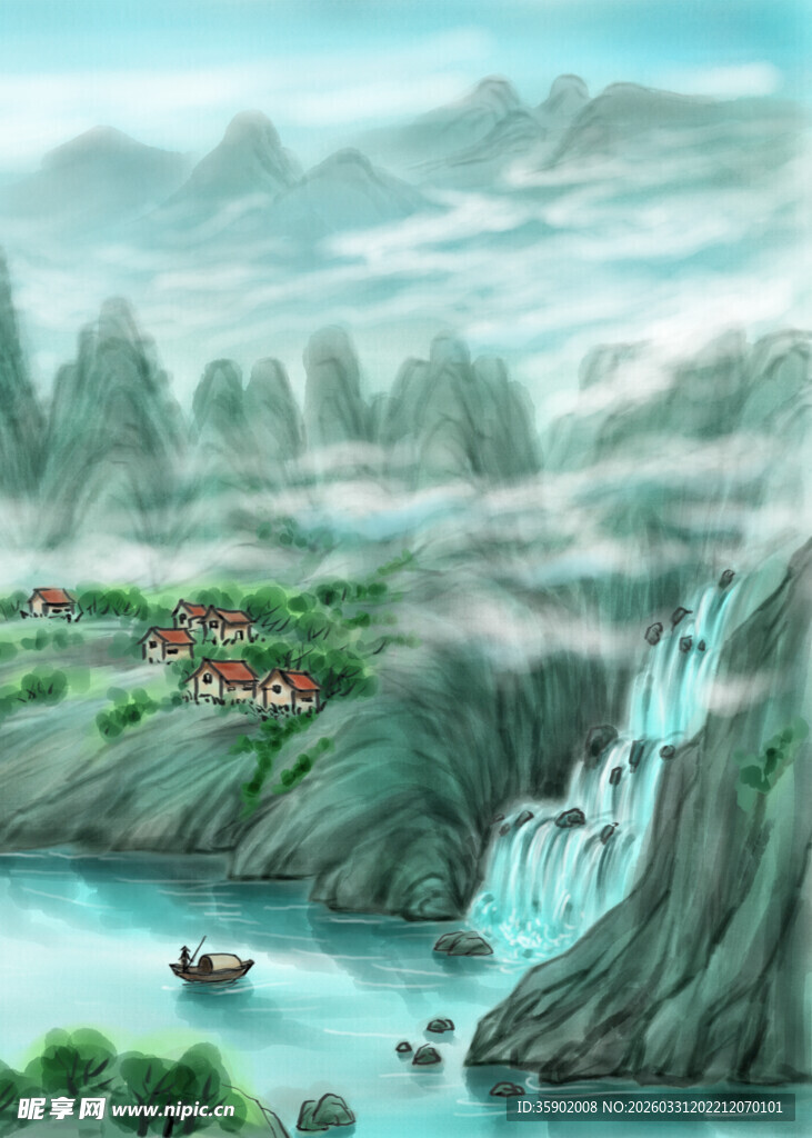 山水间的诗意泛舟图景