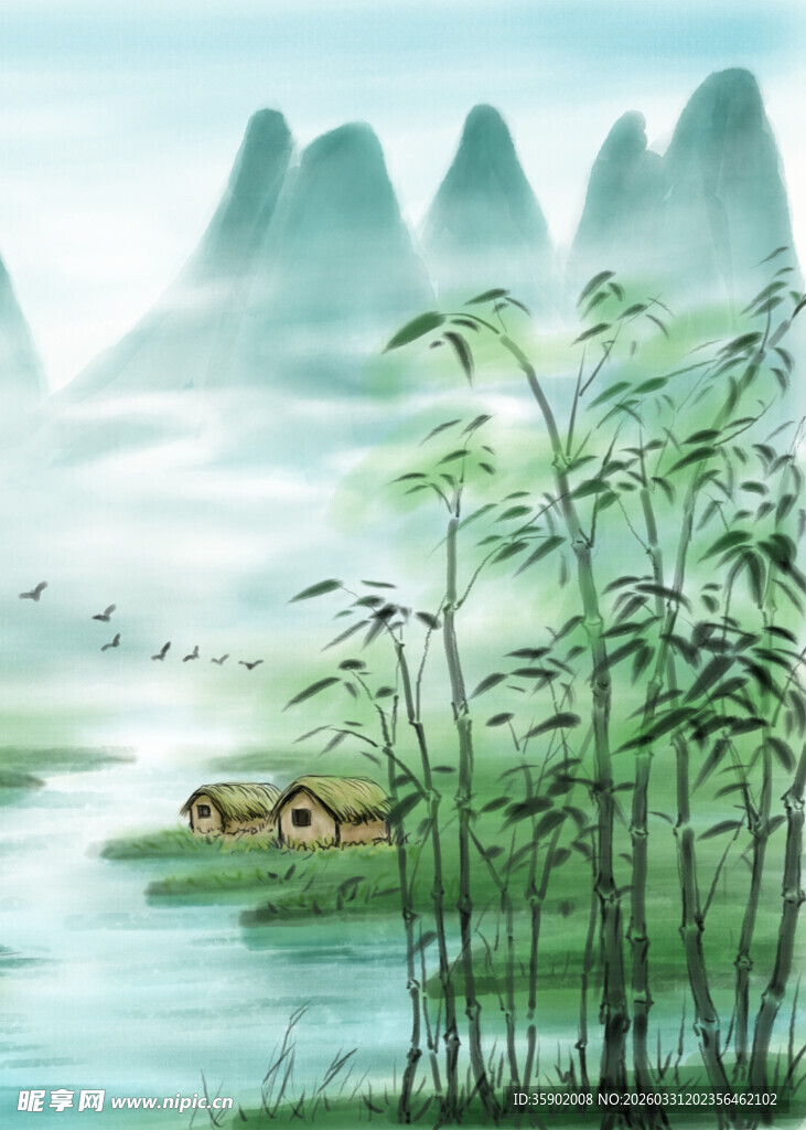 山水间竹影摇曳的诗意画面