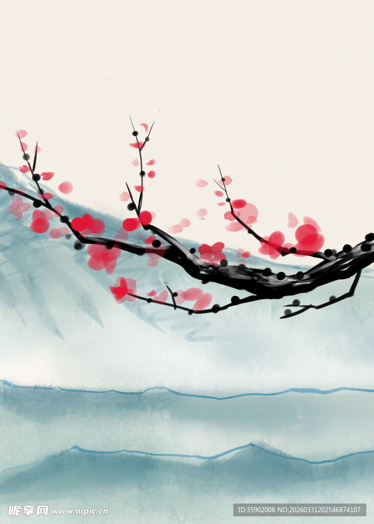 水墨红梅映远山