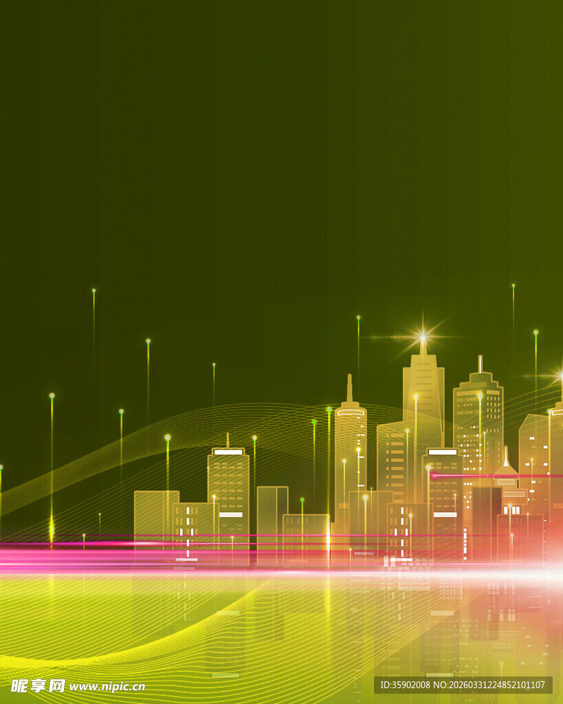 绿色光影下的璀璨城市景观