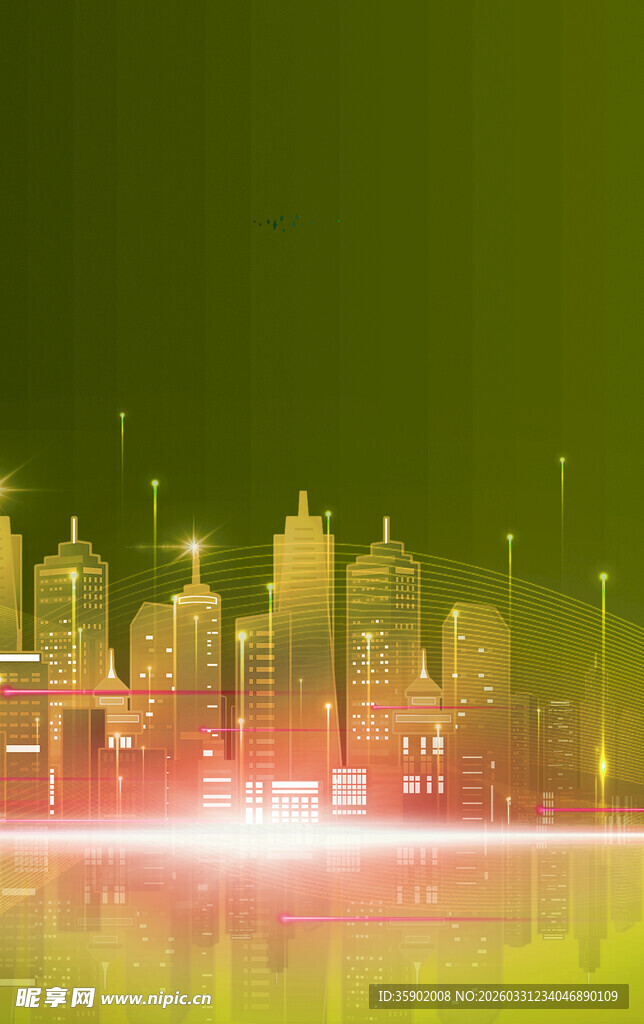 绿色光影下的城市建筑景观
