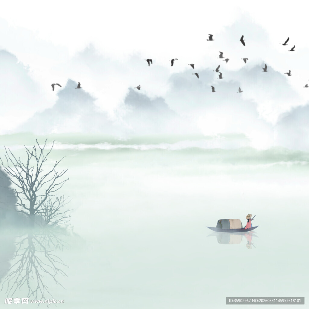 水墨山水间的孤舟飞鸟