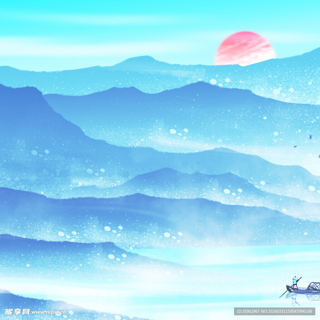 蓝调山水间的孤舟落日